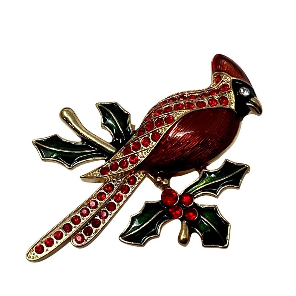 Red Cardinal Bird On Holly Branch Brooch Red Green Enamel Red Rhinestones 2.5"